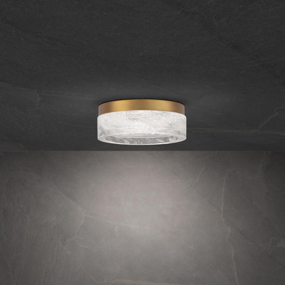 Melange 8in LED 3000K 3500K 4000K 120V 277V Flush Mount in Aged Brass with Optic Haze Quartz BFM61208 AB LBU Lighting